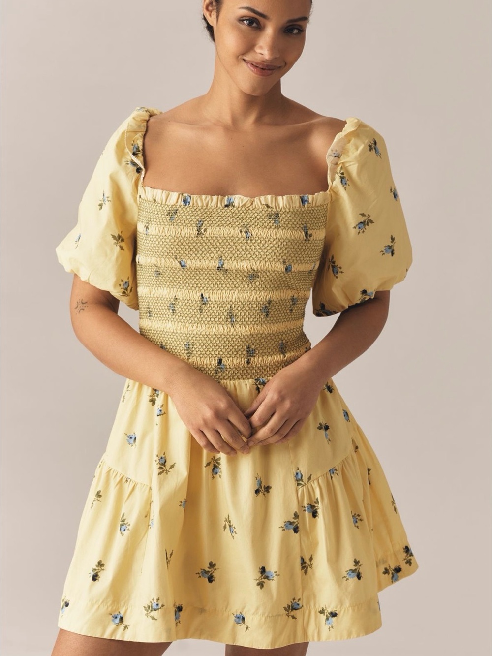 Anthropologie Yellow Floral Smocked Puff-Sleeve Mini Dress
